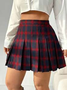 SHEIN EZwear Plus Size Retro Plaid Pleated A-Line Skirt - Red - View 3
