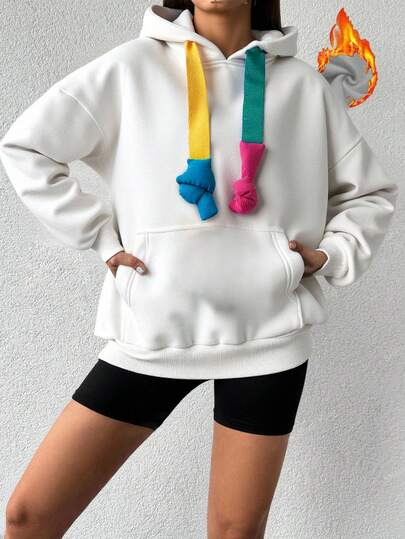 EURMUSE Colorblock Kangaroo Pocket Drop Shoulder Drawstring Hoodie