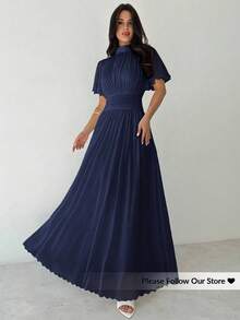 Firerie Women's Elegant Romantic Elegant Daily Commute Beach Vacation Stand Collar Pleated High Waist A-Line Flare Sleeve White Dress