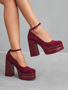 CUCCOO SZL 女式圆头高跟粗底酒红色踝带高跟鞋，时尚性感舒适休闲通勤鞋 - 酒紅色 - 查看 3