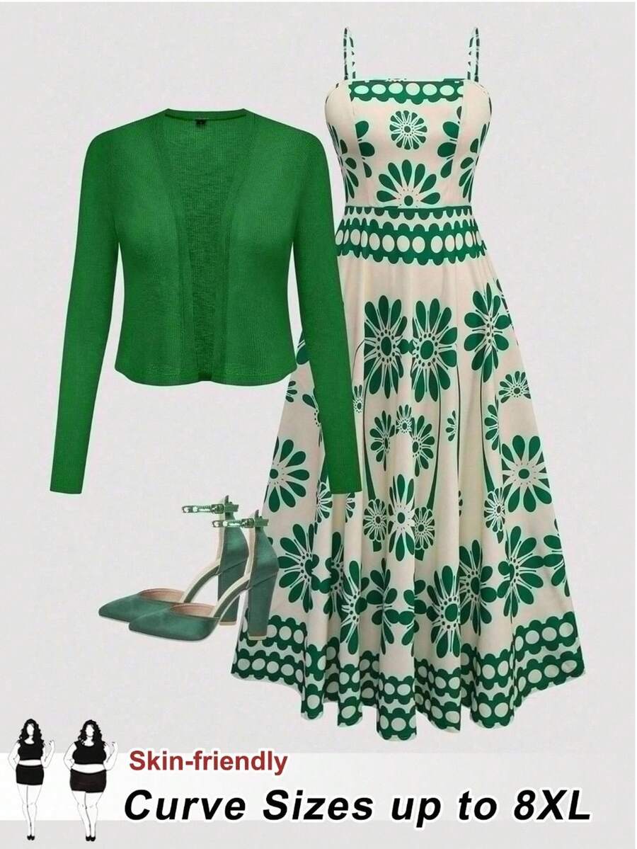 SHEIN CURVE+ مجموعة من فستان مطبوع بالألعاب النارية وكارديجان بأكمام طويلة للمرأة البدينة، مع أربطة قابلة للتعديل في الخصر والذيل المنفرج، 2 قطعة