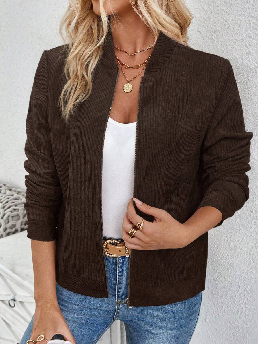 SHEIN LUNE 女式罗纹拉链长袖夹克，秋冬 - 棕色 - 查看 1