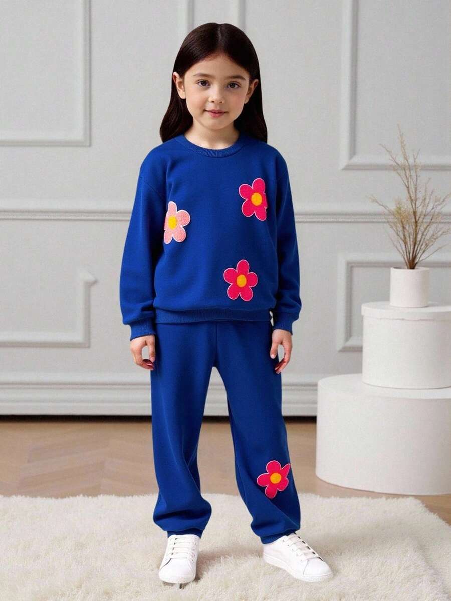 Elladie kids 女童藏蓝色花卉刺绣长袖圆领卫衣套装,秋冬儿童时尚卡通可爱两件套 - 藍色 - 查看 1