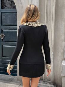 Chiquease Women's Elegant Black Suit Set,Vintage Leopard-Print Lapel & Cuff Slim Blazer + Mini Skirt Two-Piece Outfit For Office,Autumn & Winter Clothes - Black - View 2