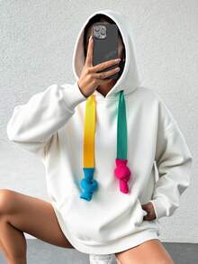 EURMUSE 撞色袋鼠口袋落肩袖抽繩連帽衫 - 白色 - 查看 4