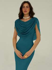Aloruh Women's Solid Color Pleated Fitted Elegant Long Dress - Teal Blue - View 3