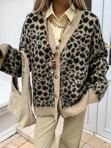 DAZY 女式豹纹长袖单排扣休闲针织开衫，秋季 - 卡其色 - 查看 4