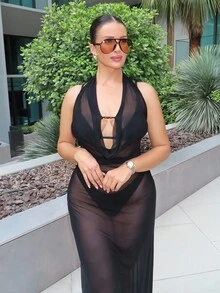 MDEdit Women's Holiday Wear Solid Purple Deep Draped Neck Sexy Backless Dress, Elegant Halter Tie Beach Coverup, Country Concert Outfit