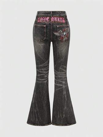 Betty Boop | ROMWE Jeans a zampa con figura di motocicletta a fumetti, ricamo di ali con strass in stile Y2K