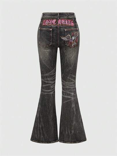 Betty Boop | ROMWE جينز بساق واسعة مطرز بأجنحة من الراين والرسوم الكرتونية للدراجات النارية بطراز Y2K