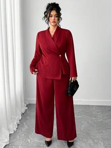 Elenzga Plus Size Red V-Neck Elegant Button Waist Blazer & Wide Leg Pants 2 Pieces Suit Set - Burgundy - View 7