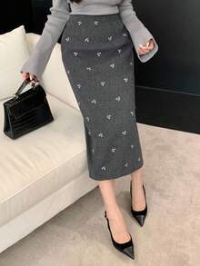 DAZY Women's Bow Print Backless Slit Elegant Skirt Fall Winter Women Skirts