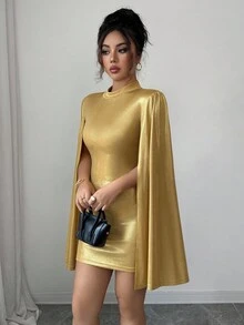 Selianne Women's Mock Neck Fitted Extra Long Sleeve Mini Dress - Gold - View 4