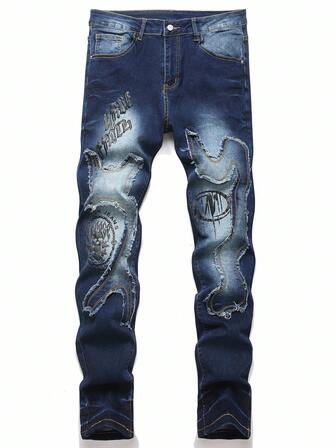 Manfinity Roughcore Men's Casual Everyday Letter Print Slant Pocket Washed Denim Jeans Men Graphic Jeans