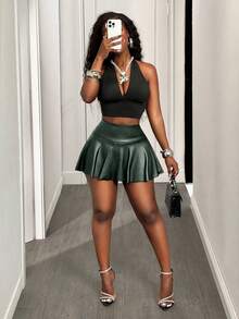 BamGleam Women's Solid Color High Waist PU Leather Skirt Pants - Green - View 7