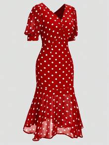 Velvienne 大码女式波点印花V领中袖鱼尾下摆修身优雅连衣裙 - 紅色 - 查看 4