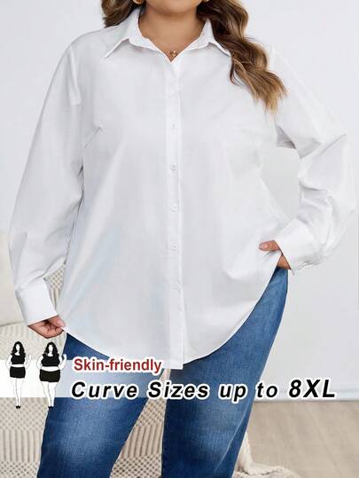 SHEIN CURVE+ Plus Size 2025 Spring/Summer White Casual Office Shirt, Ins Stylesummer/Country/Beach Vacation Outfits/Beach Outfits/Beach Wear/Fall/Winter