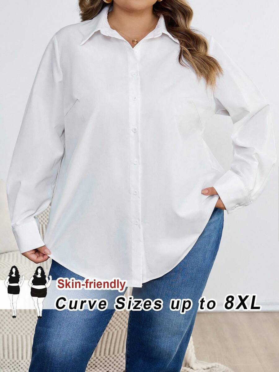SHEIN CURVE+ Áo sơ mi công sở màu trắng dáng rộng cỡ lớn, thích hợp cho mùa xuân/hè 2025, kiểu dáng Ins, phù hợp cho mùa hè/đồng quê/kỳ nghỉ biển/trang phục đi biển/mùa thu/mùa đông. - trắng - Xem 1