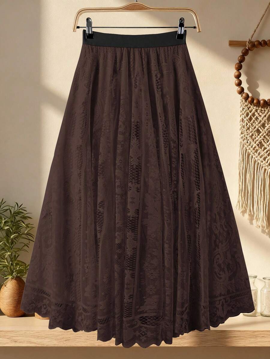 Franclia Plus Size Solid Color Elegant Summer Skirt, Western Elegant Long Bohemian Skirt - Brown - View 1
