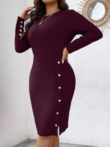 EMERY ROSE Vestido ajustado de unicolor para uso diario en tallas grandes - Rojo violeta - Ver 4