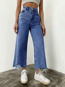 EURMUSE 100%Cotton Women Casual Ripped Wide Leg Jeans - Medium Wash - View 3