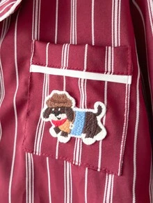 Girls' Striped Cardigan And Pants 2 Pieces Set, Featuring Cute Bear Patch, Contrast Trim, Suitable For Christmas, Autumn/Winter - Red - View 8