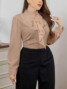 Firerie Plus Size Women's Stand Collar Long Sleeve Ruffle Hem Elegant Commuter Asymmetrical Blouse Elegant Blouses Ruffle Blouse Formal Blouse Modest Blouse Gold Button Blouse Long Sleeve Blouse Blouse With Ruffles Spring - Apricot - View 7