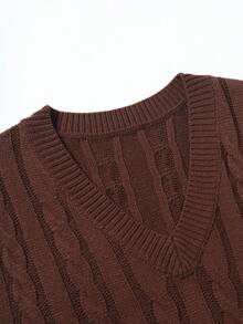 Claim Dot Men's Solid Color V-Neck Cable Casual Versatile Knit Vest , Fall/Winter - Coffee Brown - View 3