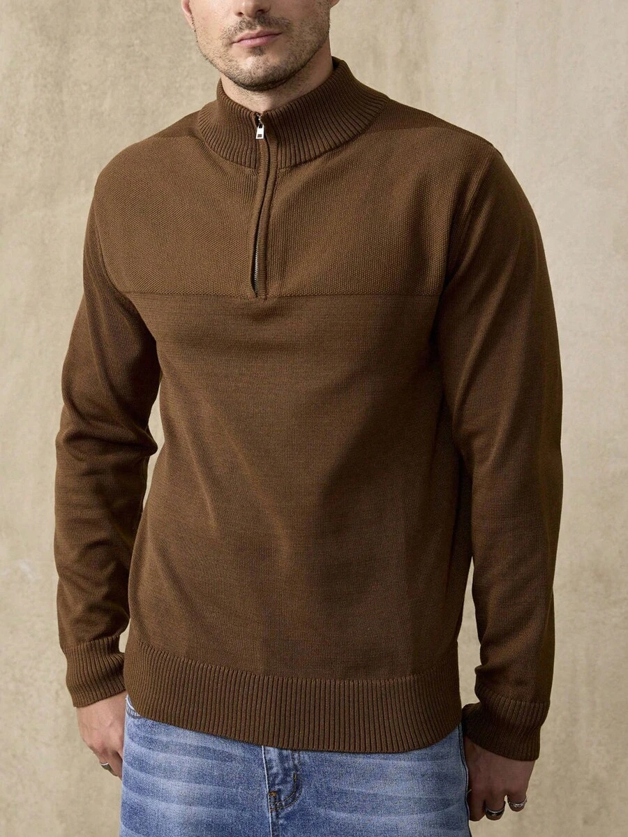 Manfinity Homme Men's Stand-Up Collar Brown Sweater With A Quarter Zip, Long Sleeves Knit Top, Suitable For Autumn And Winter, Can Be Worn Under Or As An Outer Sweatshirt, Ideal For Work Commuting, Outdoor Sports, And Home Life, A Style That Girls Love For Handsome
