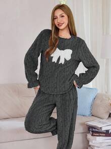 SHEIN 女士蝴蝶结刺绣抓绒拼接蝴蝶结装饰长袖上衣和裤子睡衣套装，舒适冬装，蓬松柔软 - 灰色 - 查看 6