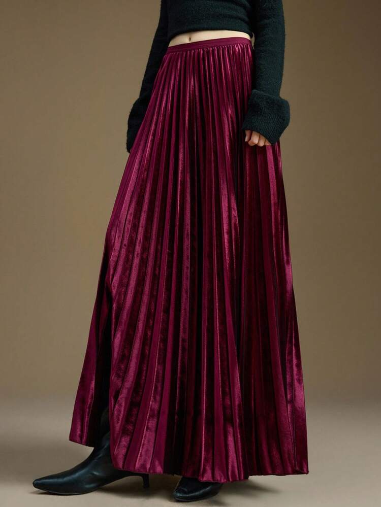 Women's Purple Comfortable Soft Pleated Front & Side Slit A-Line Skirt, Versatile For All Seasons, Autumn/Winter Essential, Fashionable Casual Urban Business Wear, High-Quality Airport, High-End Cruise Attire, Suitable For Christmas, New Year, Social Events Waist Detail Flared Skirt Christmas Evening New Year Atmosphere Holiday Party Valentine's Day Special Design High-End, Elegant, Old-Fashioned Cruise Attire For Wedding Guests