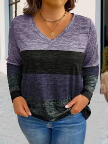 EMERY ROSE Plus Size Long Sleeve Colorblock Casual Retro V-Neck Tee, For Everyday Wear Women Tops For Spring - Multicolor - View 3