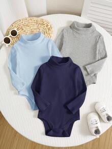 SHEIN 3件組新生兒男嬰/女嬰幼兒加厚保暖羅紋高領長袖連身衣與冬季長褲套裝，海軍藍，秋季，端莊，親子穿搭 - 彩色 - 查看 5