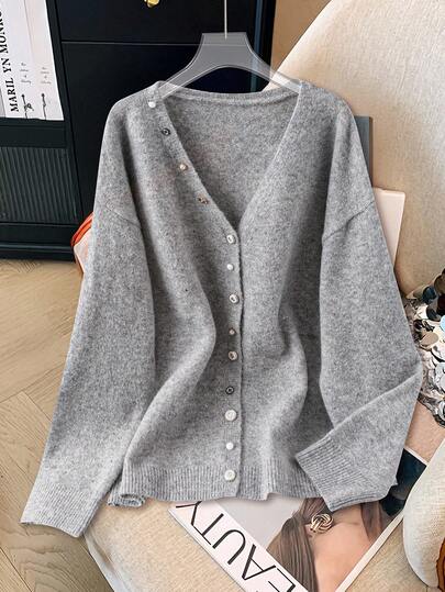 GlowEve CURVE 大码女式纯色落肩长袖休闲针织开衫，秋冬