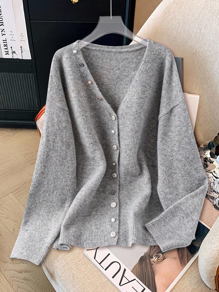 GlowEve CURVE 大码女式纯色落肩长袖休闲针织开衫，秋冬 - 灰色 - 查看 1