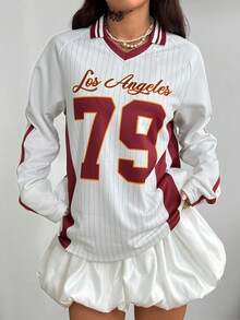 Coolane Women's & Men's Winter Streetwear Rave Outfit Couple Same Style Back To School Game Day Athleisure Number Pattern Lapel V-Neck White Football Oversized Jersey T-Shirt