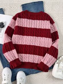 SHEIN Tween Girls Striped Color Block Cable Knit V-Neck Lantern Sleeve Oversized Pullover Sweater, Suitable For Autumn/Winter Outdoor Wear Teen Girls Uniform Girl Sweaters Teen Girl Knit Tween Girl Knit Sweater Wednesday Addams Girls Knitted Top Tween Girl Jumper