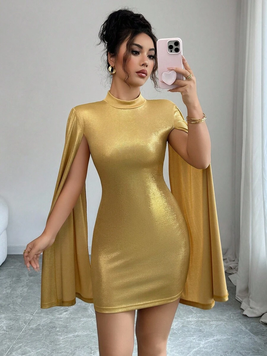 Selianne Women's Mock Neck Fitted Extra Long Sleeve Mini Dress - Gold - View 1