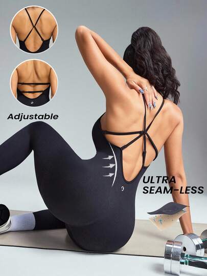 Innovista Women's Solid Color Open Back Halter Seamless Workout Jumpsuit Detachable Shoulder Strap With Built-In Bra Removable Pads Athletic Stretchy Yoga Gym Jumpsuit One Piece Exercise Suit Backless Breathable Fall Sports Jumpsuit Tummy Control Boosting Design Daily Athleisure Overall Clothes Office To Gym Work From Home Running Biker HIIT Training Comfort Movement Cycling Utilitarian Chic, Fall Winter Athletic Wear, Strappy Design