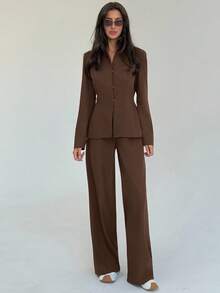 Aloruh 女式简约纯色束腰西装外套和裤子套装，秋季通勤装 - 咖啡棕 - 查看 1