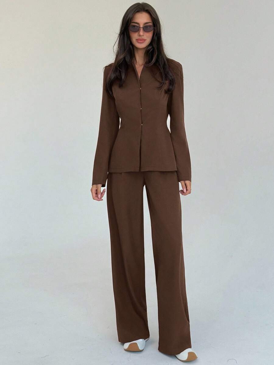 Aloruh 女式简约纯色束腰西装外套和裤子套装，秋季通勤装 - 咖啡棕 - 查看 1