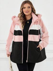 SHEIN CURVE+ Plus Size Multi-Color Patchwork Thermal Lined Hooded Padded Coat For Women In Fall/Winter - Multicolor - View 5