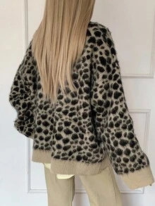 DAZY 女式豹纹长袖单排扣休闲针织开衫，秋季 - 卡其色 - 查看 2