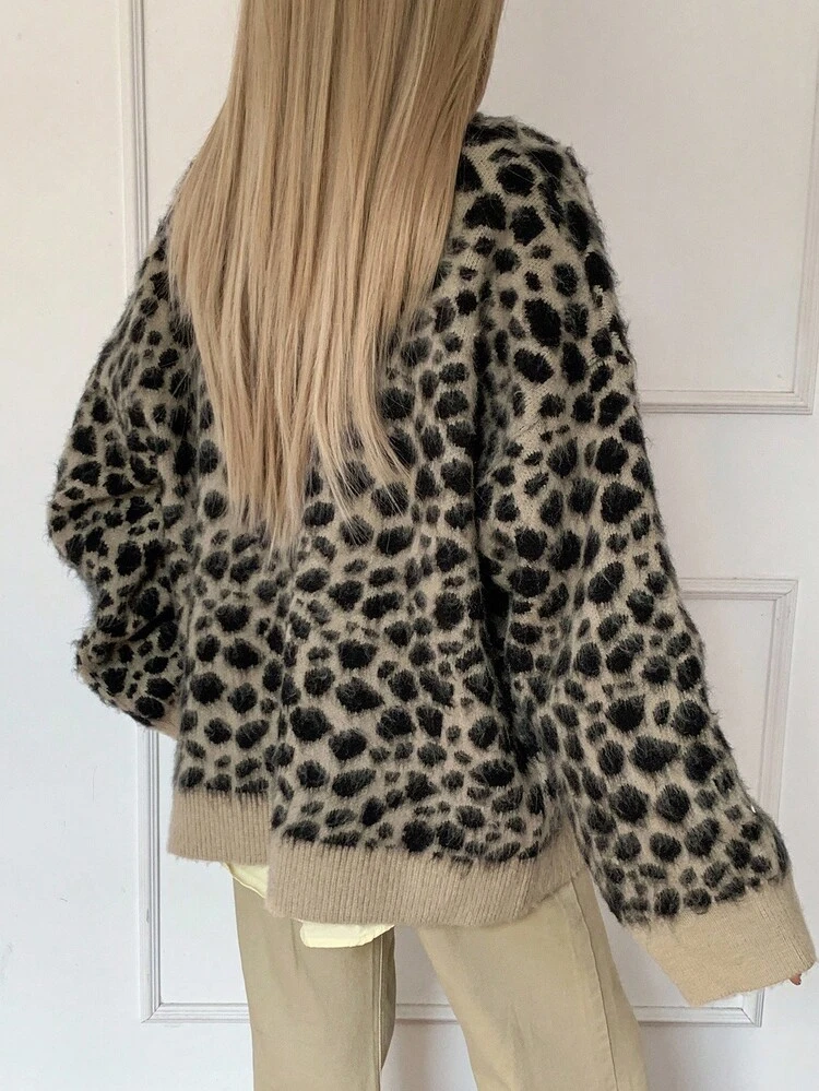 Women's Leopard Print Long Sleeve Single-Breasted Casual Knit Cardigan, Autumn