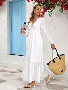 Vivid Eden ,Fall/Winter Women's Outings For Holiday Date Evening Dress, Fall/Winter Outings For Leisure And Vacation V-Neck Embroidered Lace Casual Texture Fabrics Women's White Long-Sleeve Dress, Holiday Shopping Dress, School Outfit, Very Simple Attire, Women's Country Clothing, Office Attire, Old Money Attire, Teacher Attire, Date Attire, Autumn Women's Clothing, Casual Dress, Fall/Winter Dress, Halloween Dress, Christmas Dress White Eyelet Dress - White - View 6