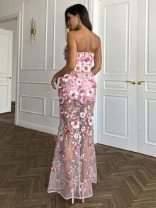 SHEIN BAE 女式 3D 花卉褶饰美人鱼下摆修身优雅连衣裙 - 粉色 - 查看 2