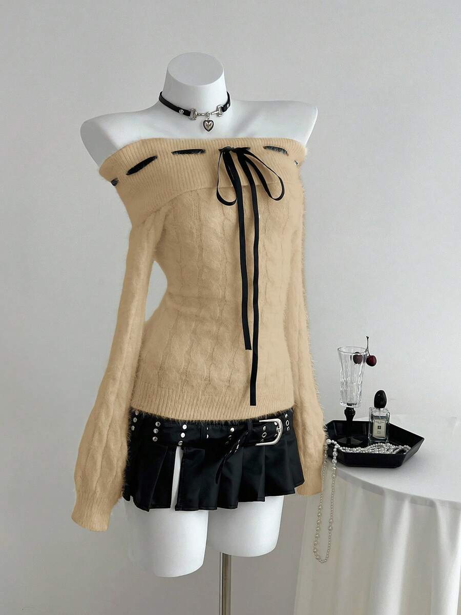SHEIN Unity كنزة صوفية نسائية أنيقة بأكمام طويلة وربطة أمامية على الكتف، خريف/شتاء - كاكي - مشاهدة 1