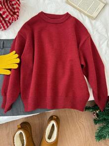DAZY Tween Boy Solid Color Round Neck Drop Shoulder Long Sleeve Casual Loose Sweater, Autumn/Winter Christmas