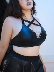 AltCore Plus Size Halloween Non-Wired Strap Lingerie PU Leather Chain Bra, Women Bustier - Black - View 4
