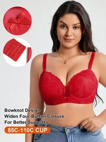SHEIN 1 件加大码对比色蕾丝可调节支撑钢圈文胸，提升 - 紅色 - 查看 1
